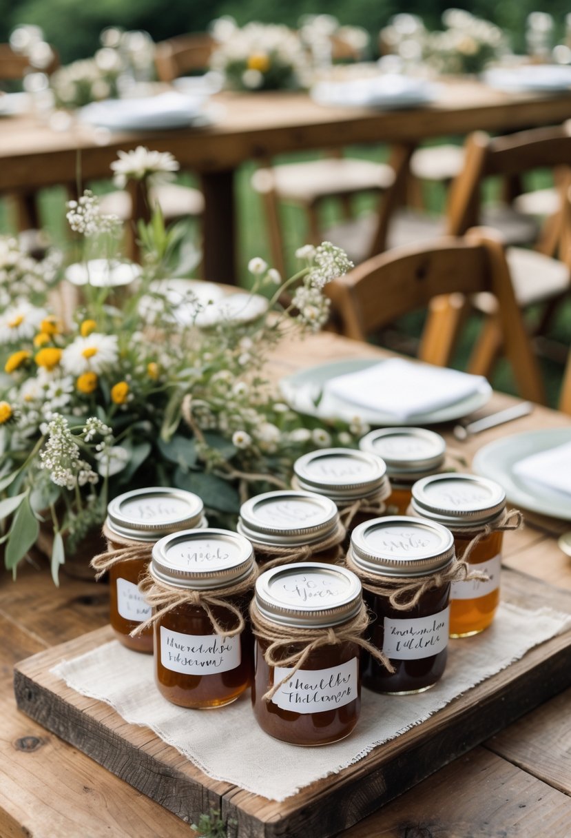 Small glass jars of homemade jam tied with twine on a wooden table decorated with wildflowers, with a wedding reception setup in the background.