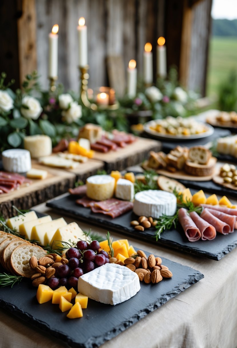 Close-up of food served on wooden platters and slate boards at a small wedding gathering.