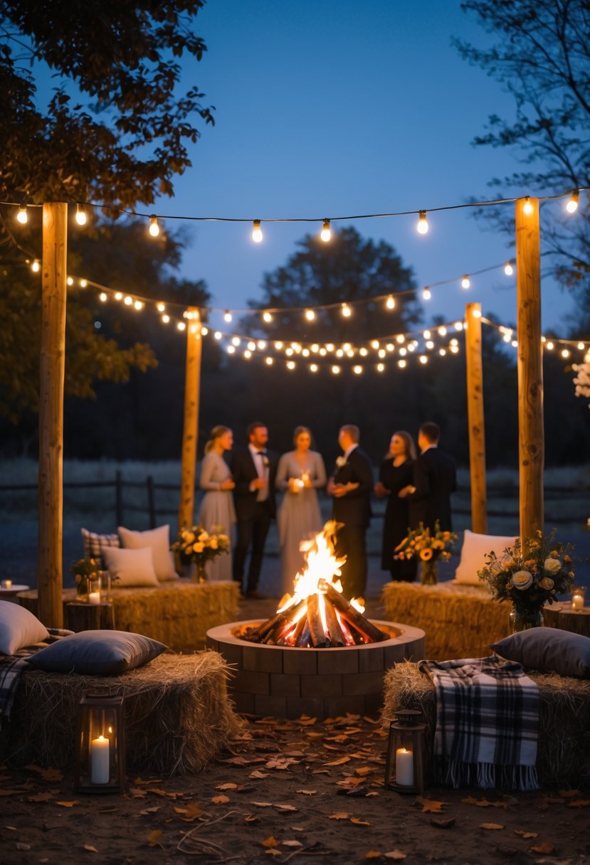 An outdoor bonfire area with wooden benches and hay bale seating surrounded by string lights, candles, and wildflowers, with people chatting around the fire in the evening.