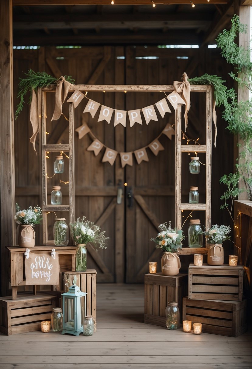 Photo booth setup with rustic wooden frames and wedding props including mason jars, flowers, and lanterns in a cozy outdoor or barn setting.