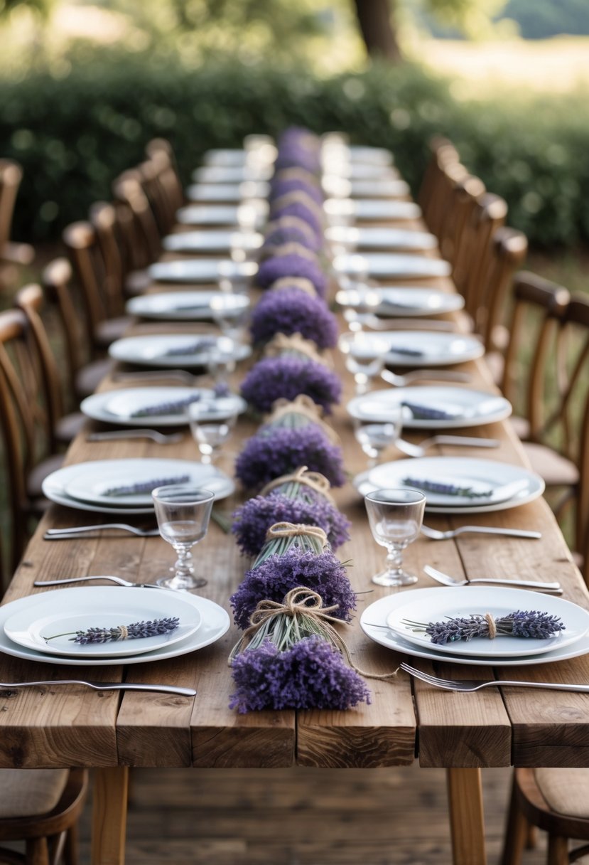A rustic wedding reception table set outdoors with dried lavender bundles at each place setting.