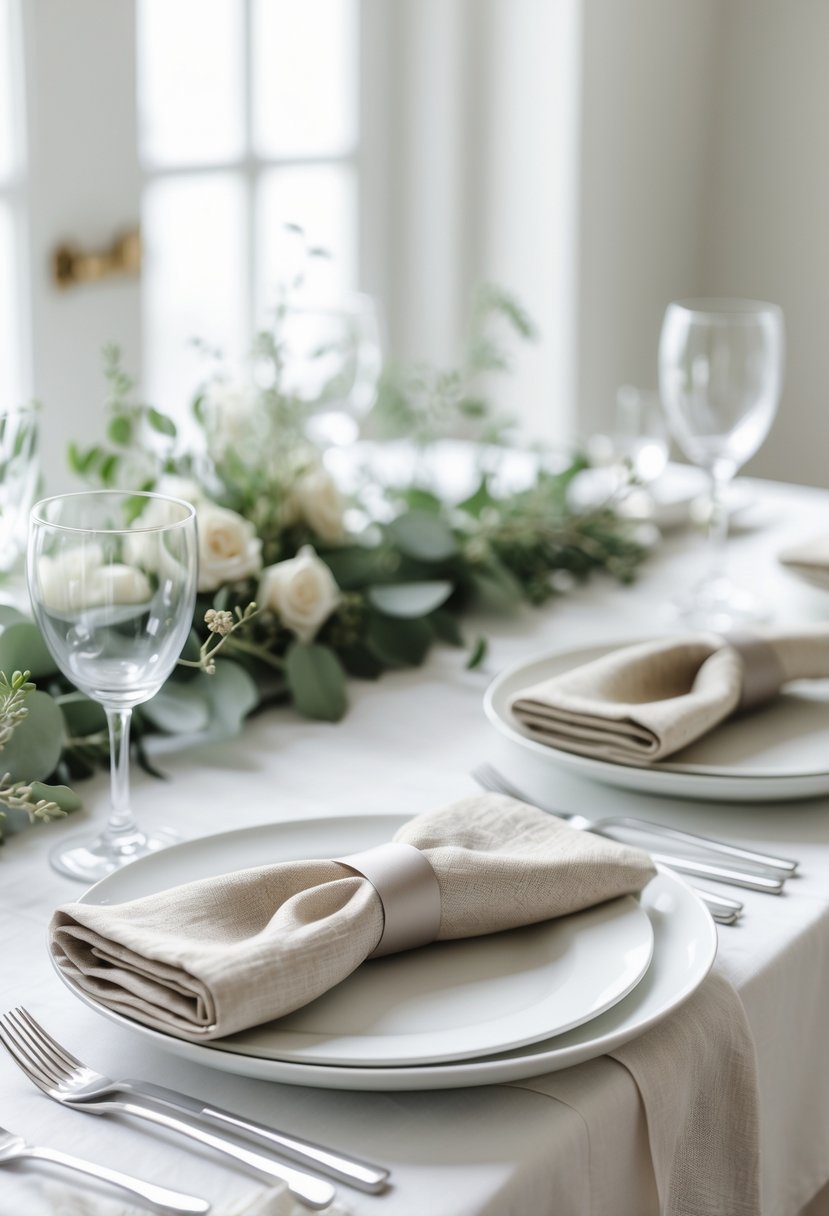 A wedding table set with simple linen napkins on white plates, decorated with small greenery and flowers.
