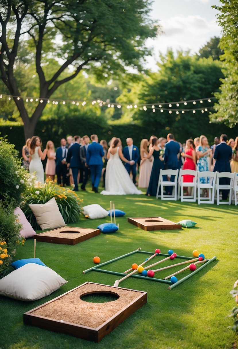 Outdoor small wedding with guests enjoying lawn games like cornhole and croquet on a green lawn surrounded by trees and floral decorations.