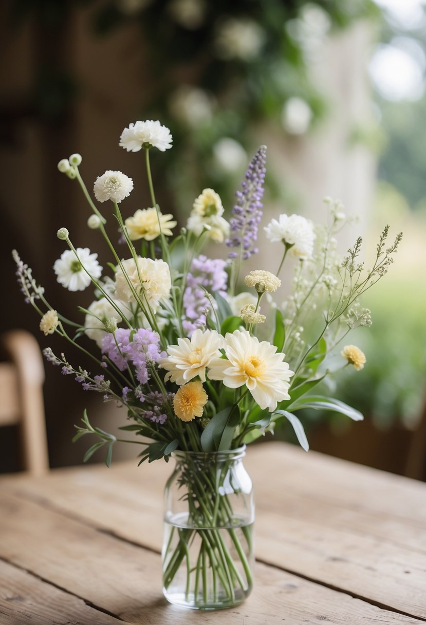 A small wildflower arrangement in a glass vase on a wooden table with a blurred natural background.