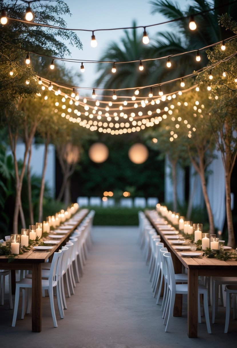 A small wedding setup with white chairs, wooden tables, string lights overhead, and candles providing soft lighting in an intimate setting.