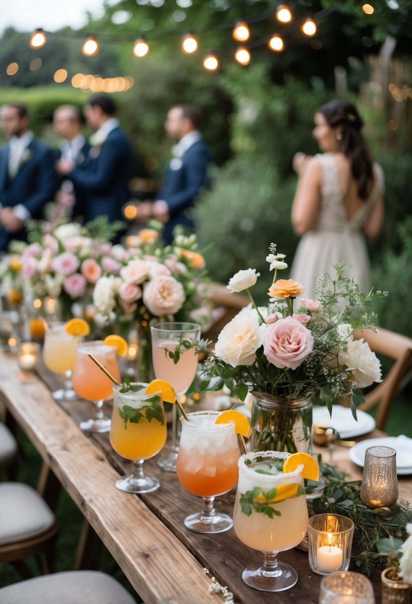 A small wedding reception table with colorful signature cocktails, floral centerpieces, candles, and guests mingling in a garden setting.
