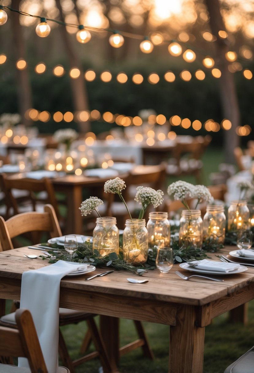 A small wedding reception table decorated with mason jars filled with flowers and fairy lights, set outdoors with soft natural lighting.