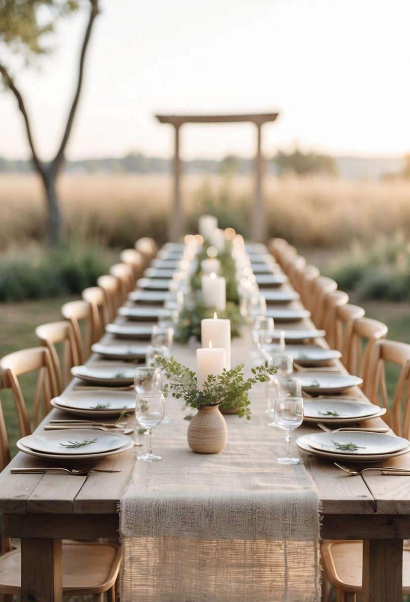 A small outdoor wedding table set for 50 guests with natural jute and linen runners, simple greenery, candles, and wooden chairs.