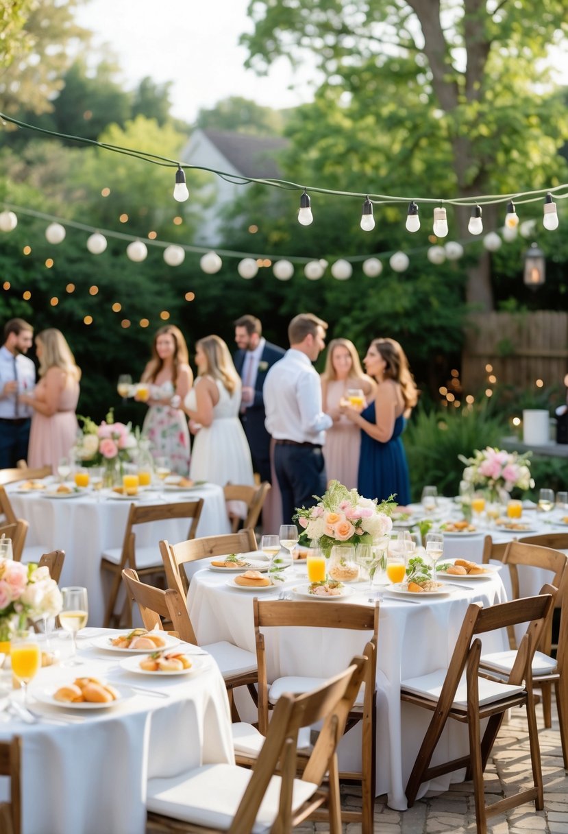 Outdoor brunch wedding with guests sitting at decorated tables in a garden setting.