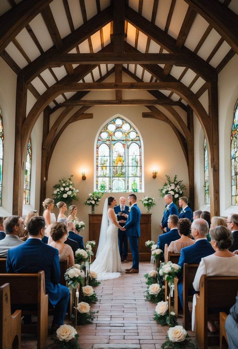 A small wedding ceremony inside a historic chapel with about 50 guests seated watching a couple at the altar.