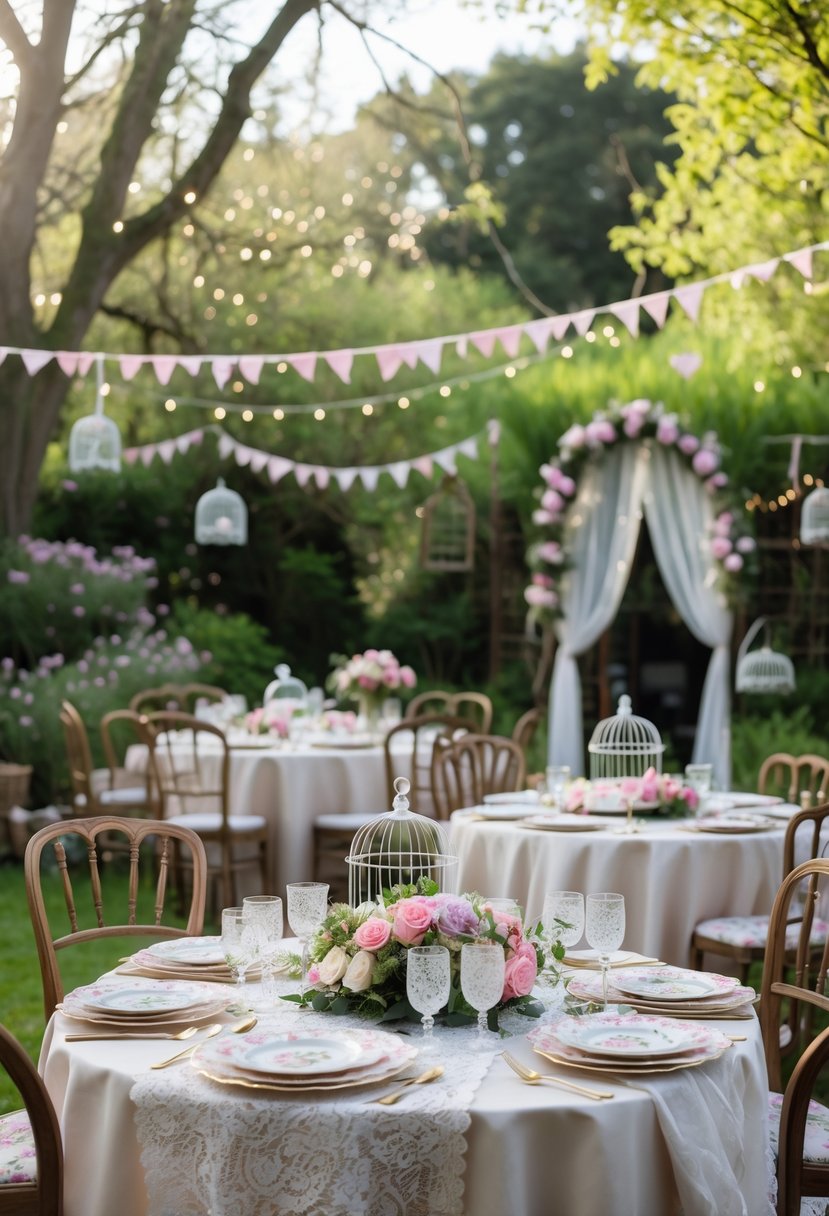 Outdoor garden tea party setup with tables and chairs decorated for a small wedding, featuring flowers, teacups, and soft sunlight.