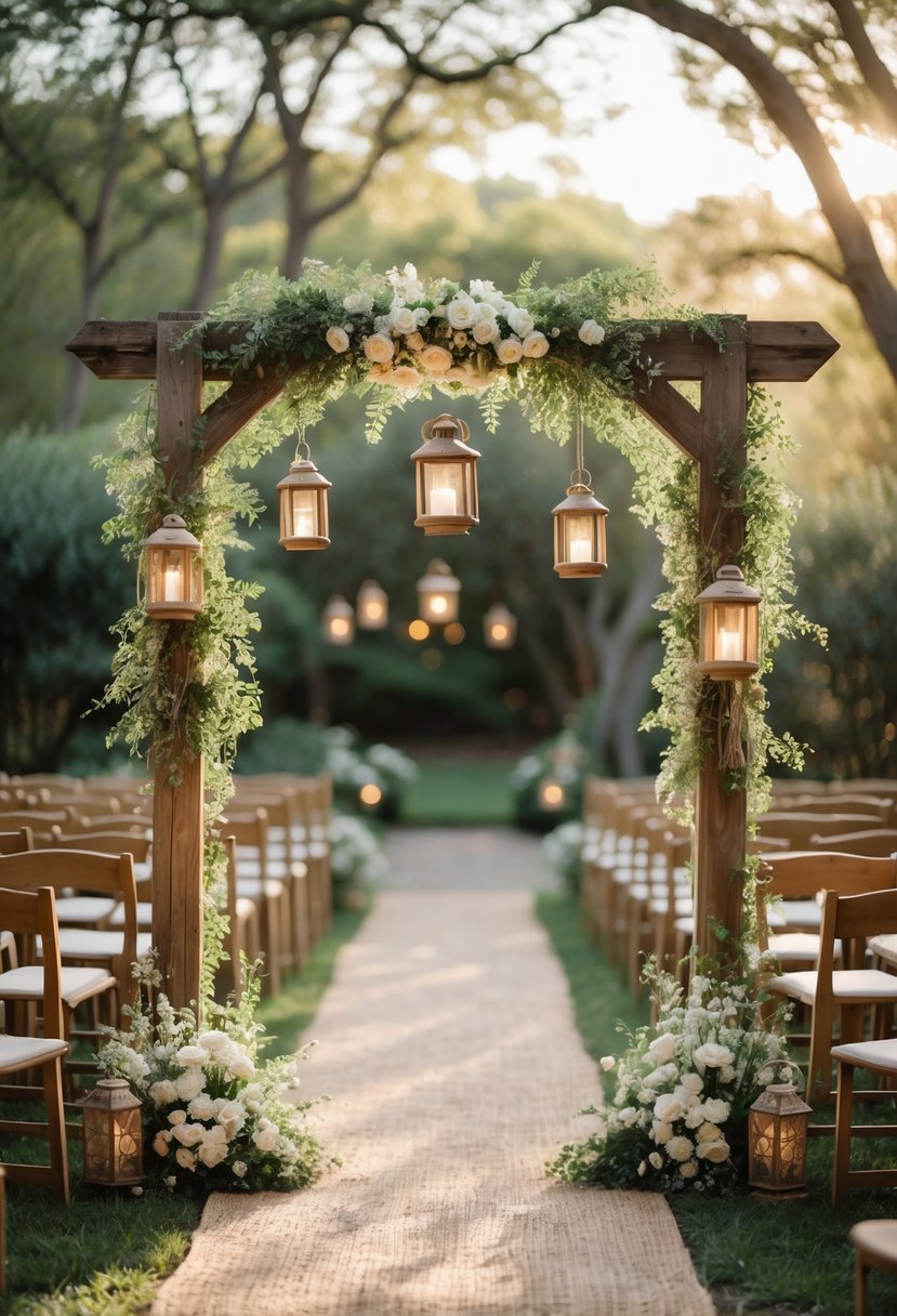 A rustic wooden arch with hanging lanterns set outdoors, surrounded by greenery and arranged chairs for a small wedding ceremony.