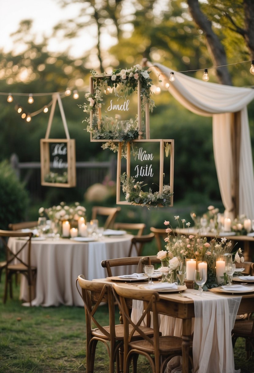 Outdoor small wedding setup with wooden signage frames, floral decorations, wooden chairs, and candles in a garden.