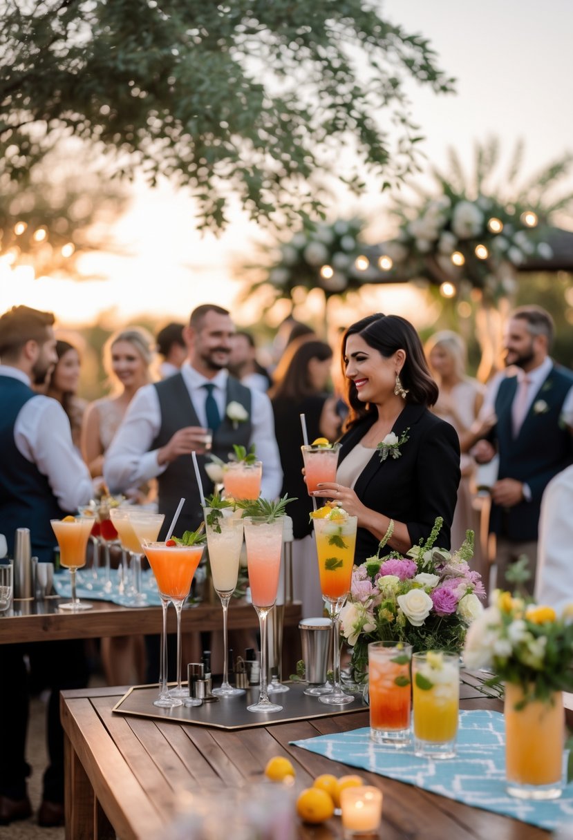 Guests enjoying personalized cocktail stations at a small outdoor wedding reception with elegant decor and drinks.