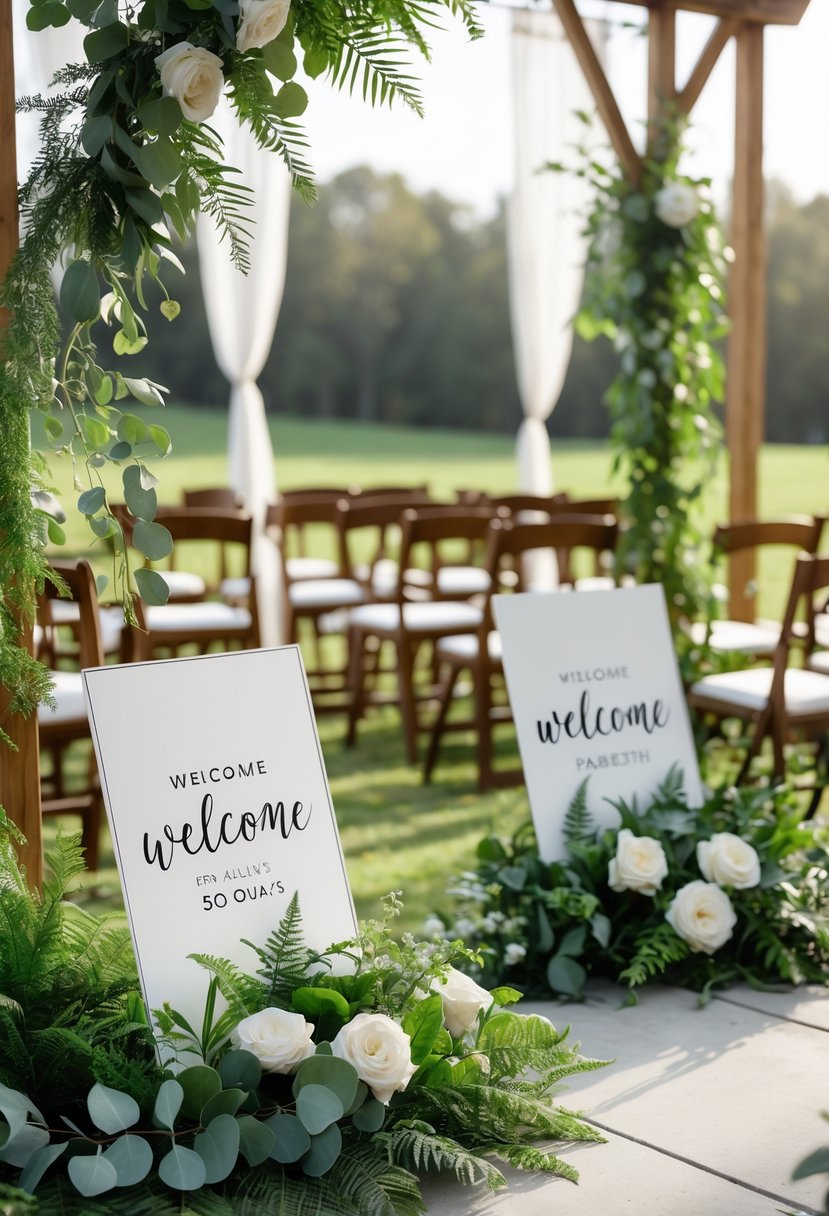 A small wedding setup with personalized welcome signs surrounded by fresh green plants and chairs arranged for guests outdoors.