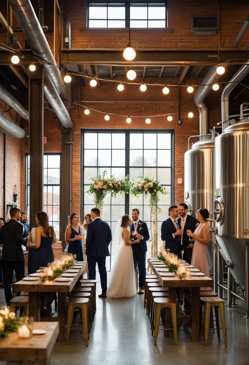 A small brewery decorated for an intimate wedding celebration with around 50 guests, featuring wooden tables, string lights, floral arrangements, and brewing equipment.