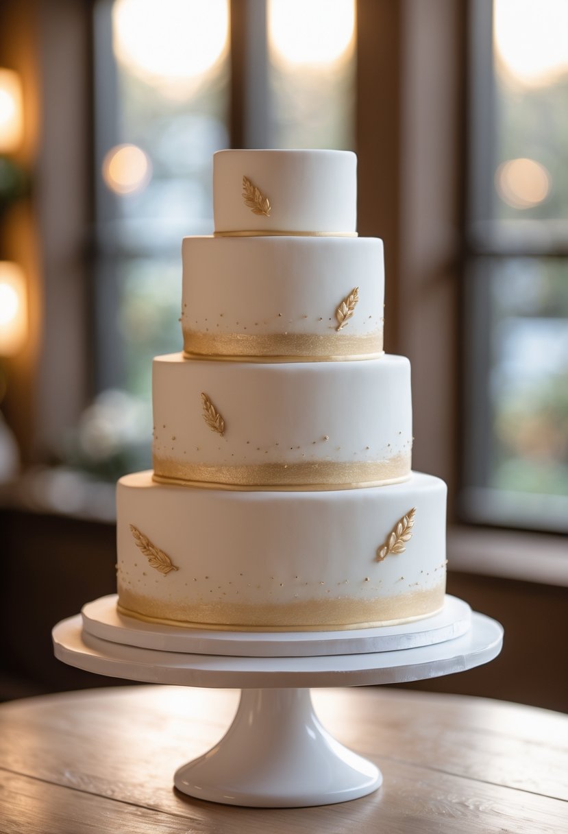 A two-tier wedding cake with white icing and subtle gold decorations on a wooden table.