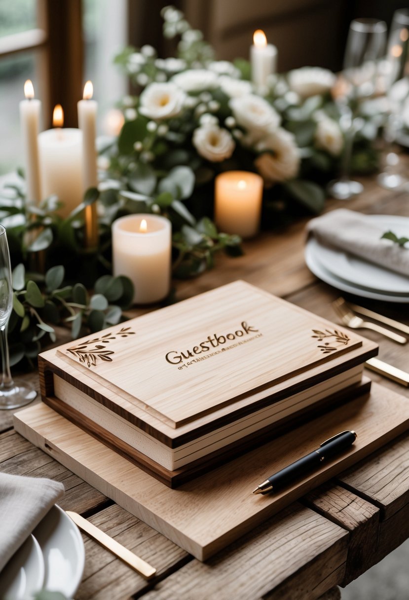 A handcrafted wooden guestbook on a wooden table surrounded by wedding decorations including flowers, a pen, and candles.