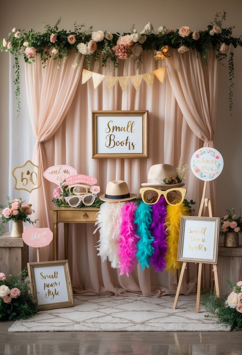 A photo booth setup with quirky props including oversized glasses, hats, feather boas, and floral crowns, arranged against a soft-colored backdrop with fairy lights and floral decorations.