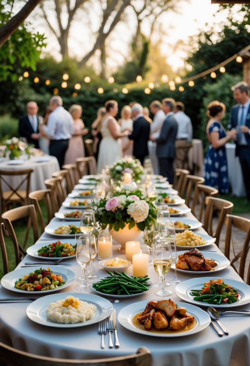 A dining table set outdoors for a small wedding with family favorite dishes and guests mingling nearby.