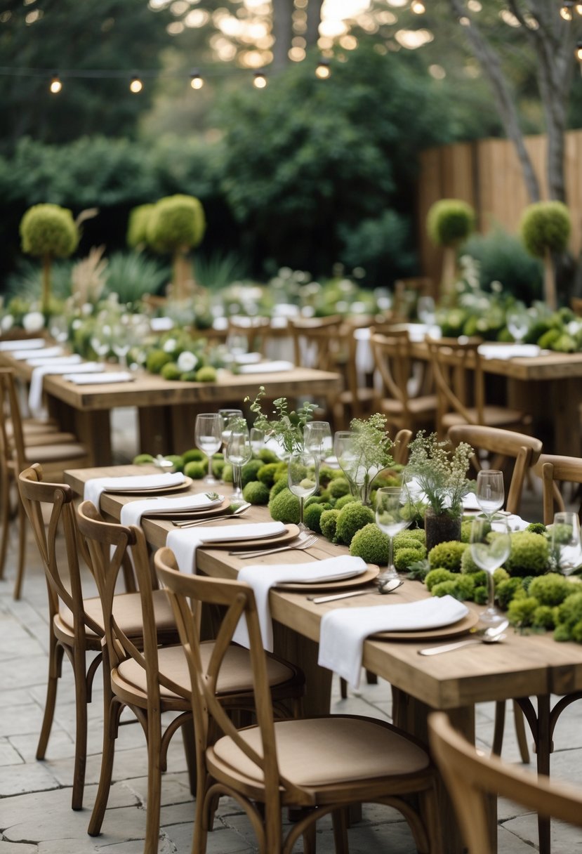 An intimate outdoor wedding setup with wooden tables and chairs decorated with green moss and floral centerpieces, arranged for a small group of guests.