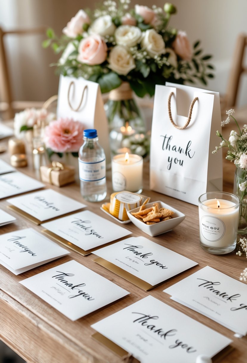 A wooden table with handwritten thank-you cards and assorted wedding welcome bag items including snacks, candles, and flowers.