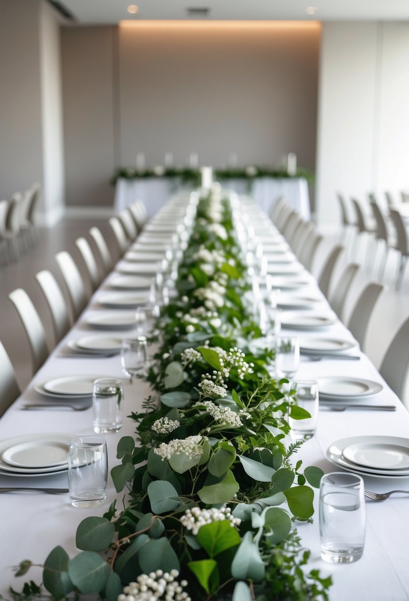 A small wedding reception setup with tables decorated with green garlands and simple table settings in a modern indoor venue.