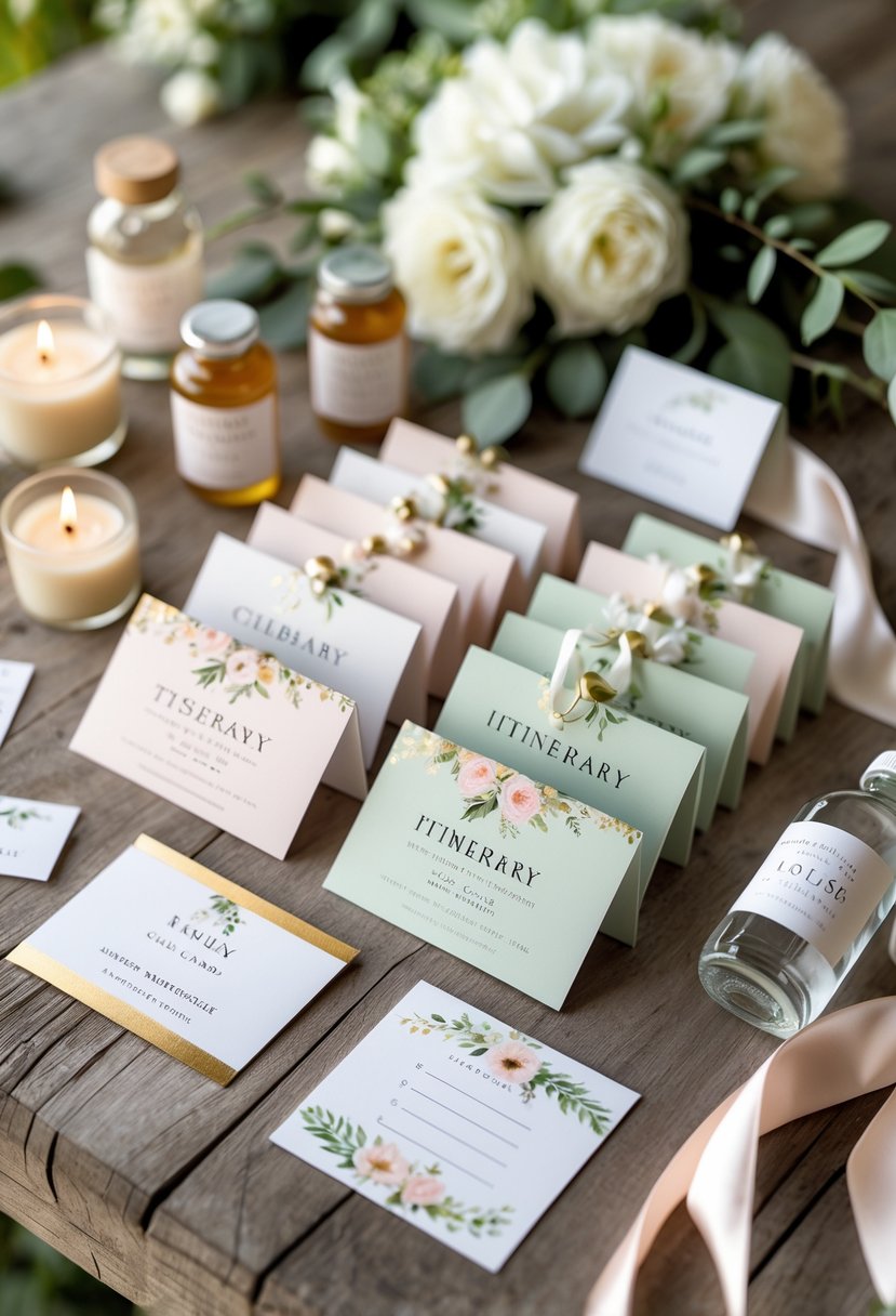 A set of elegant personalized itinerary cards displayed with wedding welcome bag items like candles, honey jars, and ribbons on a wooden table.