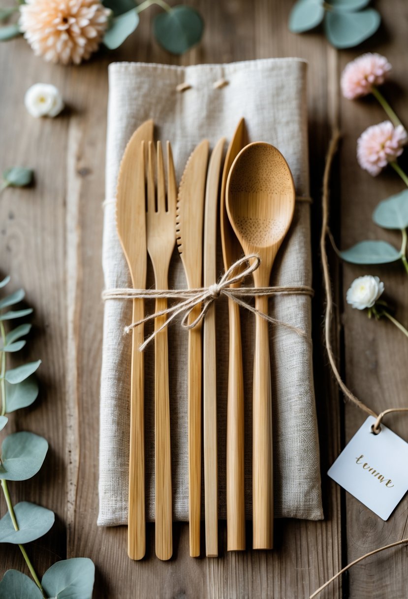 Reusable bamboo cutlery set neatly arranged inside a wedding welcome bag with floral decorations on a wooden surface.