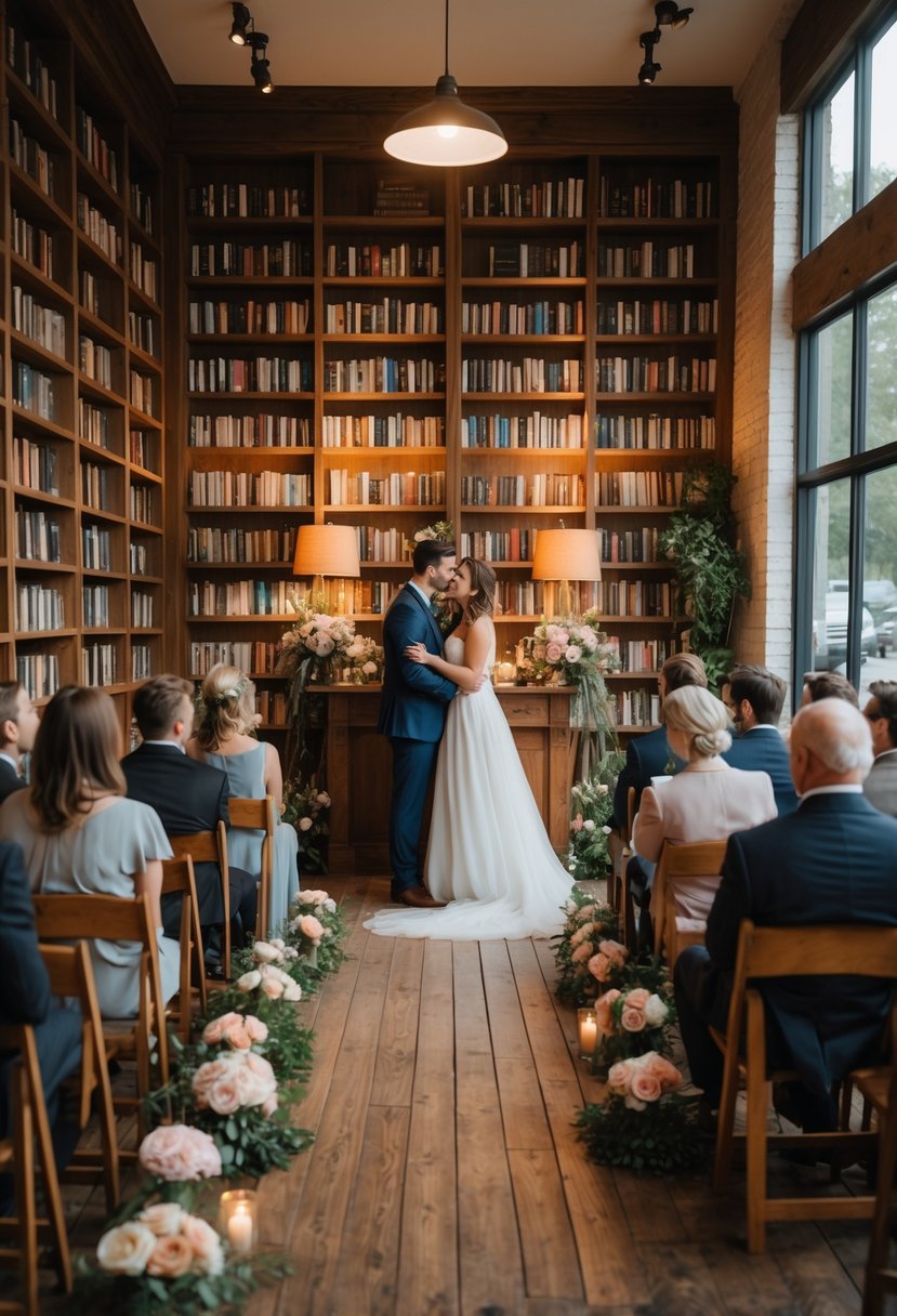 A small wedding ceremony taking place inside a cozy bookstore with guests seated and a couple standing near an altar decorated with books and flowers.