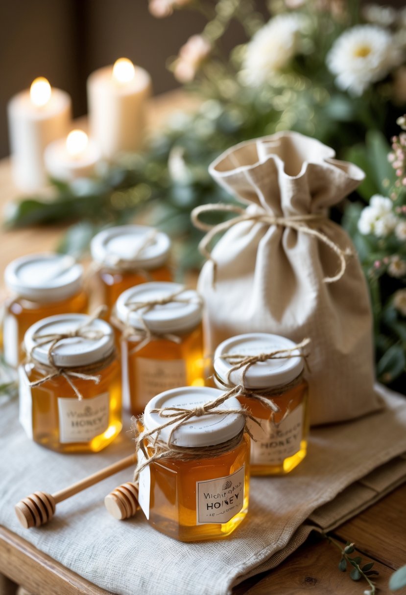 Small glass jars of honey tied with twine and wooden dippers inside a fabric welcome bag on a wooden table surrounded by wedding decorations.