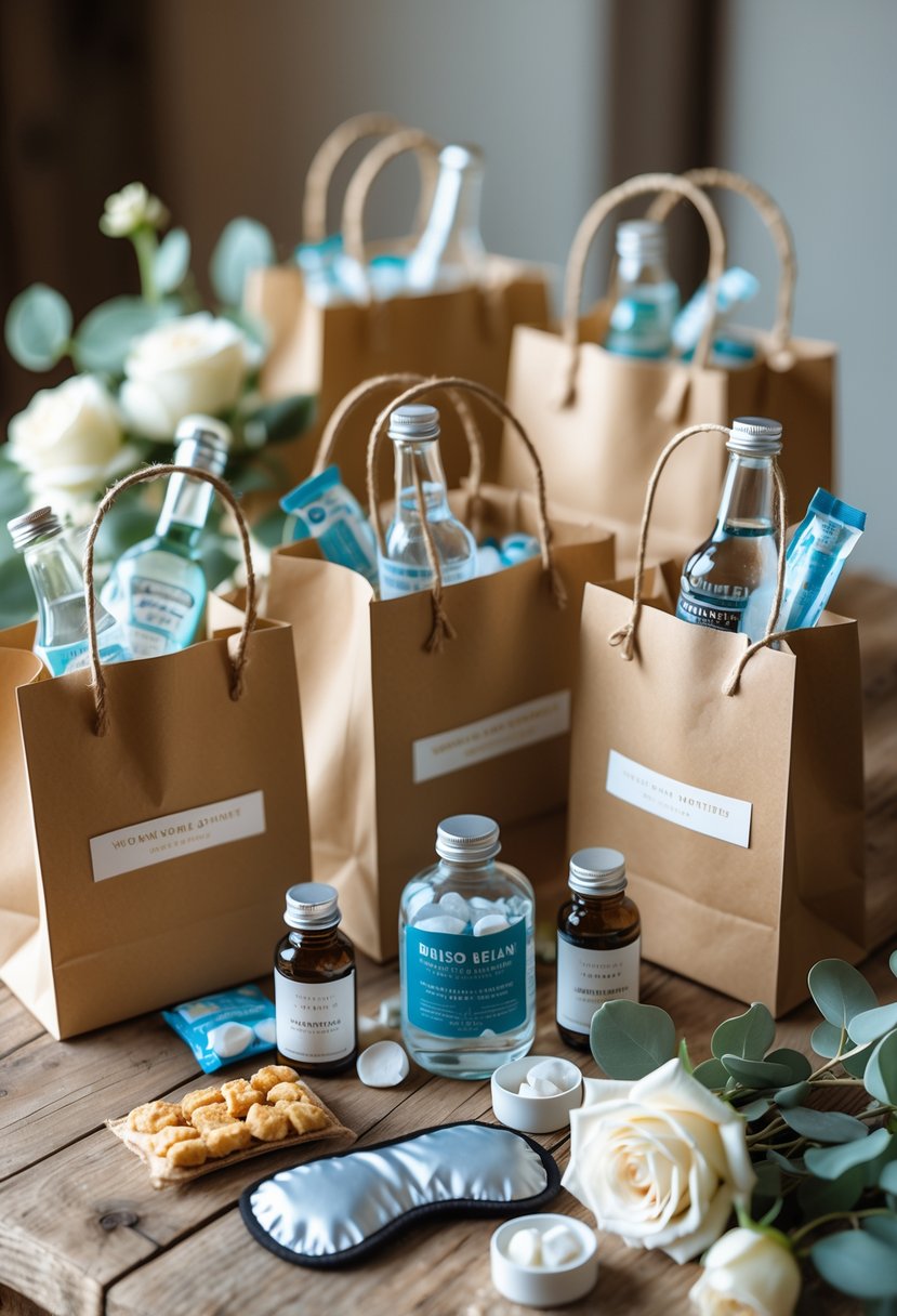 A collection of wedding welcome bags containing hangover recovery items like water bottles, snacks, vitamins, and eye masks arranged on a wooden table with floral decorations.