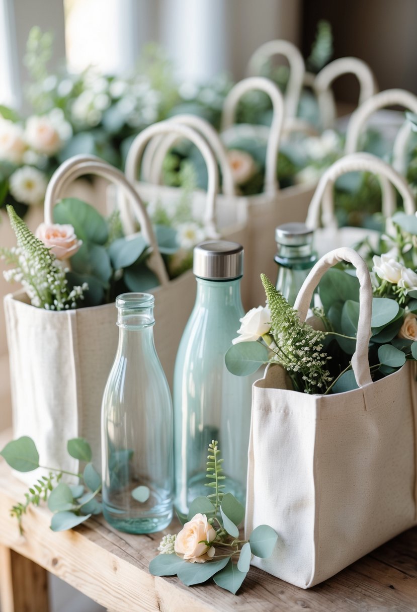 Eco-friendly water bottles arranged inside natural fabric tote bags decorated with greenery and flowers on a wooden surface.