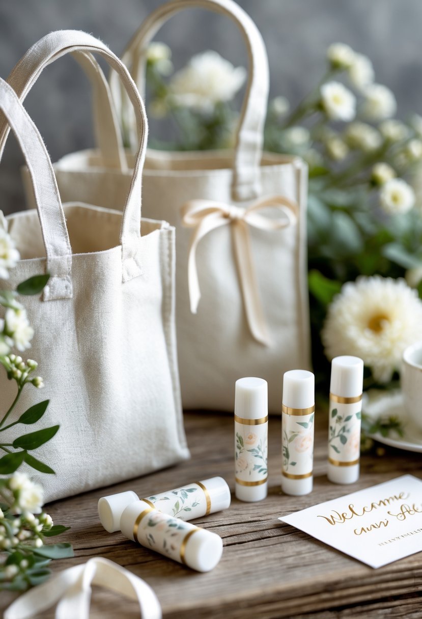 Custom lip balm tubes arranged inside wedding welcome bags on a wooden table with flowers and greenery.