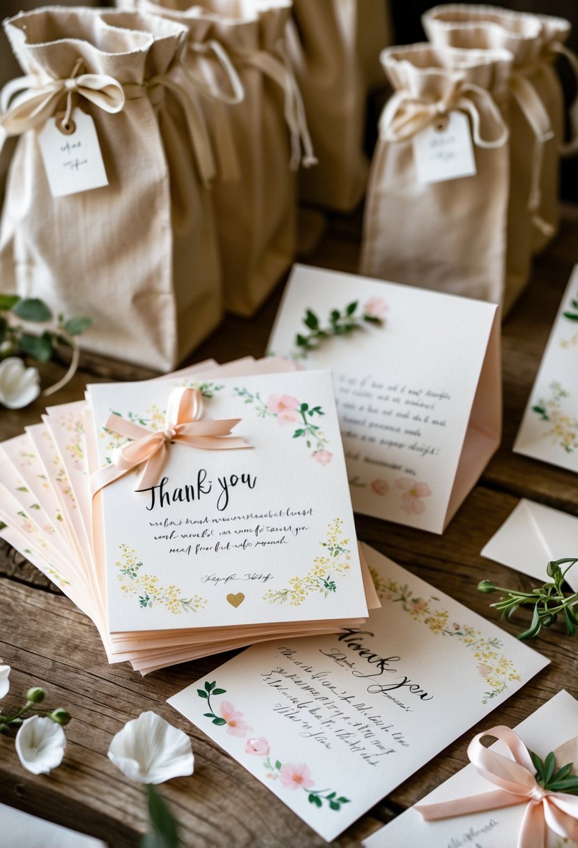 Handwritten thank-you notes on decorative stationery arranged next to wedding welcome bags on a wooden table with flowers and greenery.