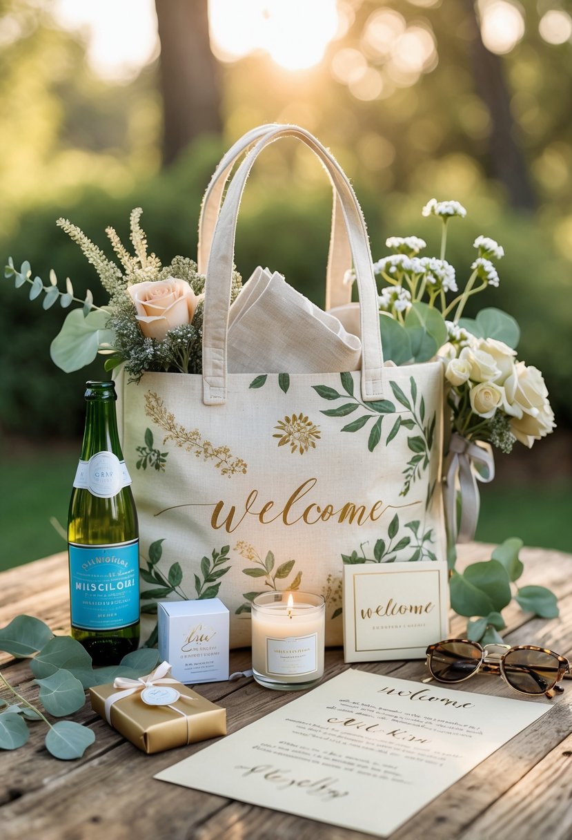 A wedding welcome bag filled with a candle, flowers, water bottle, and other small gifts on a wooden table outdoors.