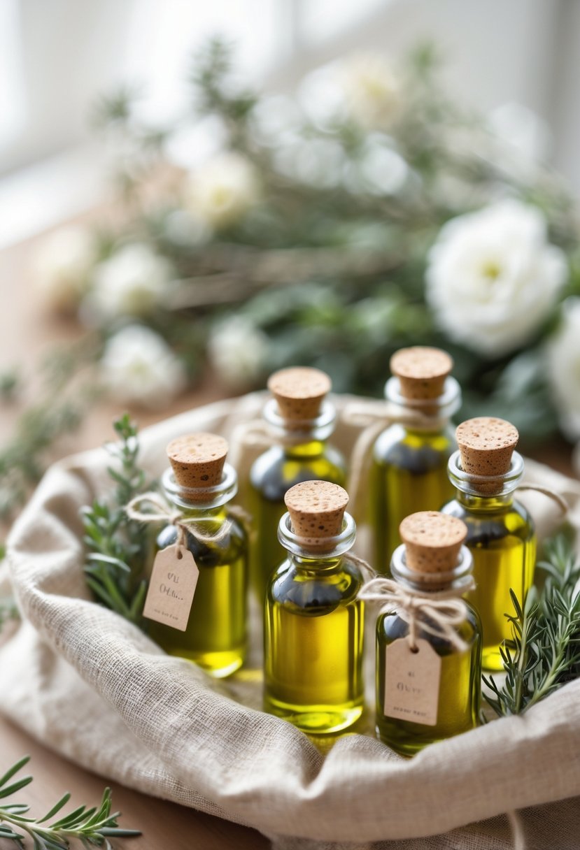 Mini bottles of artisan olive oil arranged in a welcome bag with herbs and flowers on a softly lit surface.