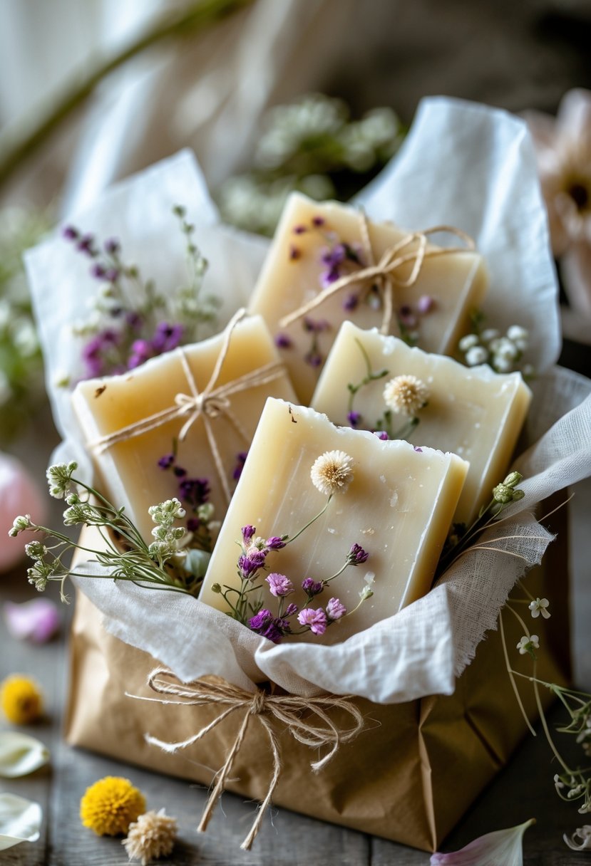 Handmade floral soap bars arranged inside a wedding welcome bag with dried flowers and greenery.