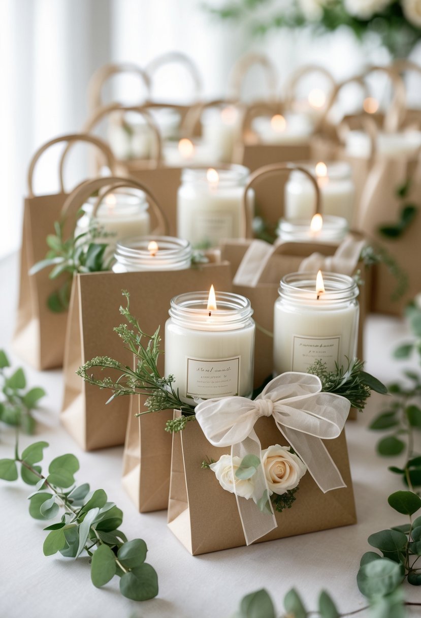 Scented soy candles in glass jars arranged inside elegant wedding welcome bags on a softly lit surface.