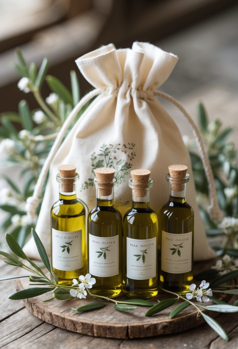 Small gourmet olive oil bottles arranged inside a wedding welcome bag on a wooden table with olive branches and flowers nearby.