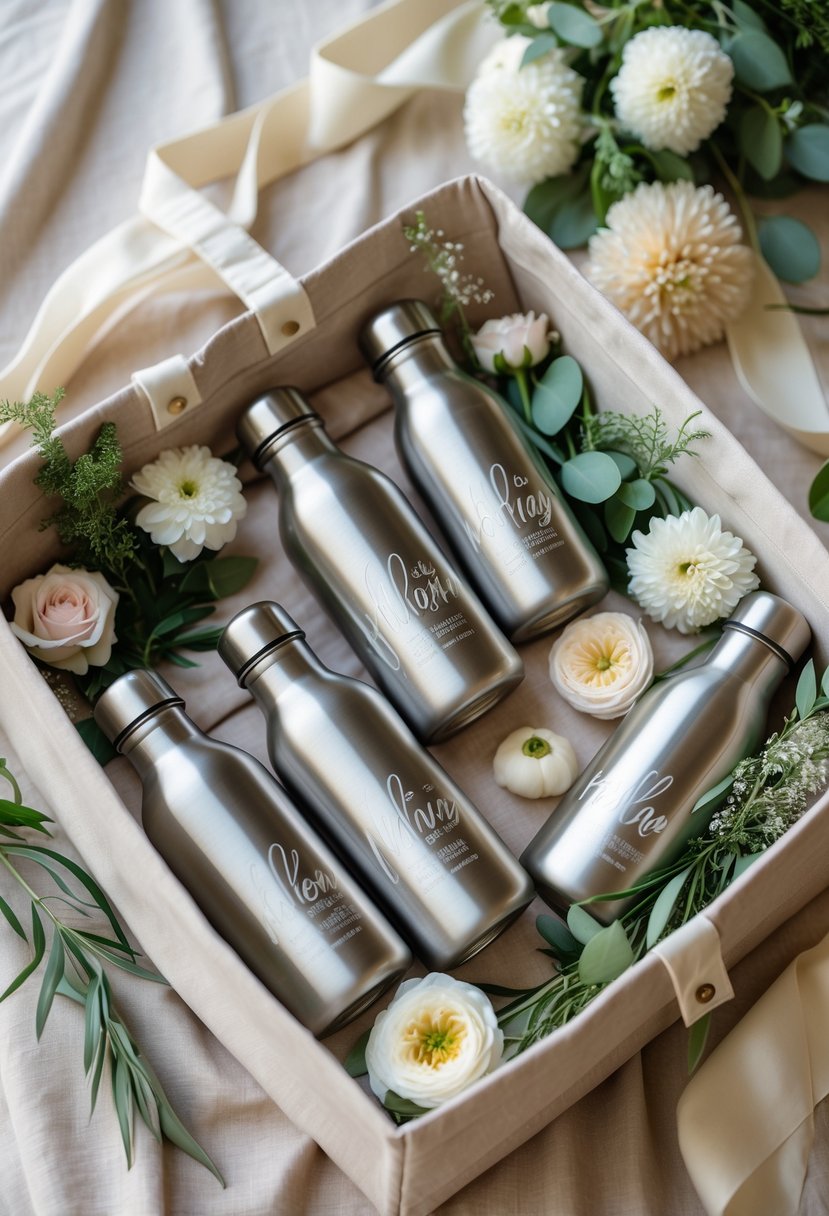 Personalized stainless steel water bottles arranged inside wedding welcome bags with flowers and greenery.