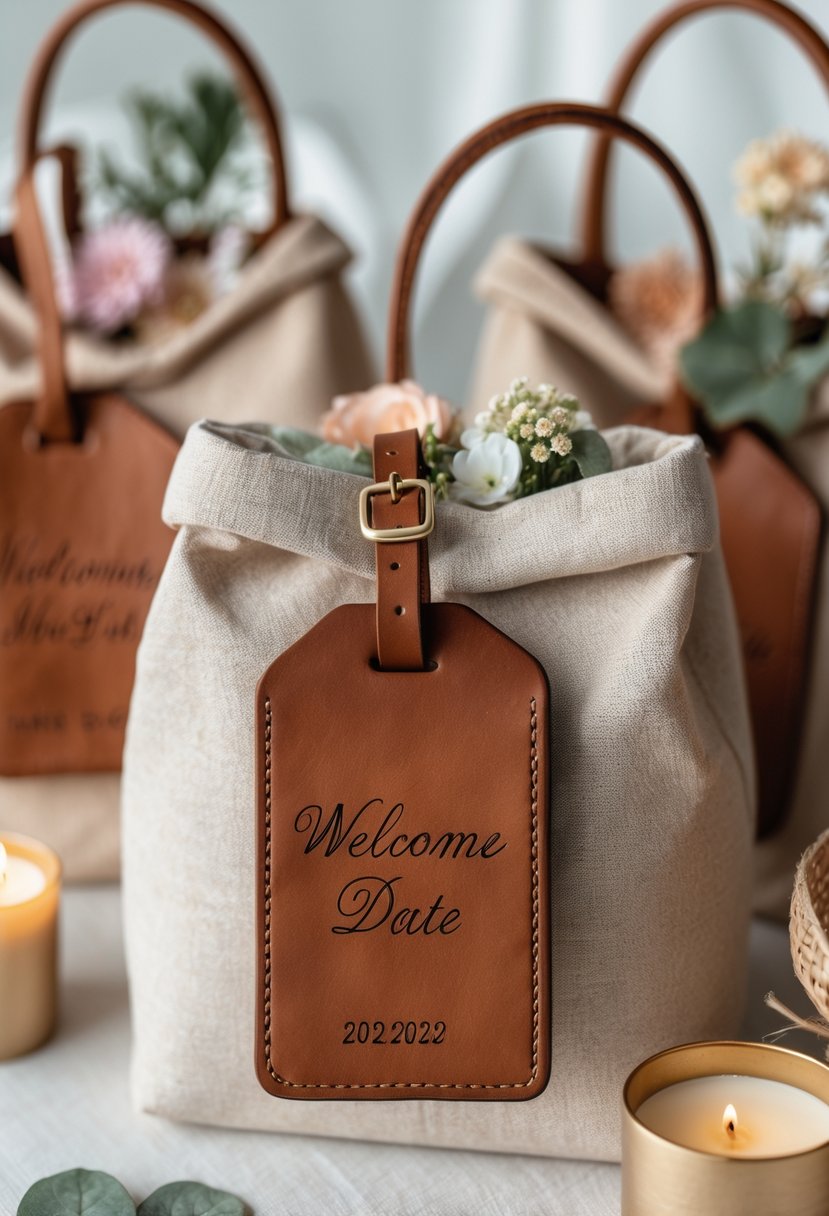 Custom leather luggage tags embossed with a wedding date attached to welcome bags filled with wedding favors.