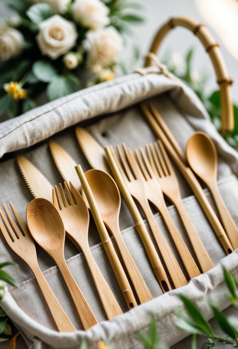 Bamboo cutlery sets in fabric sleeves arranged inside a wedding welcome bag with floral accents.