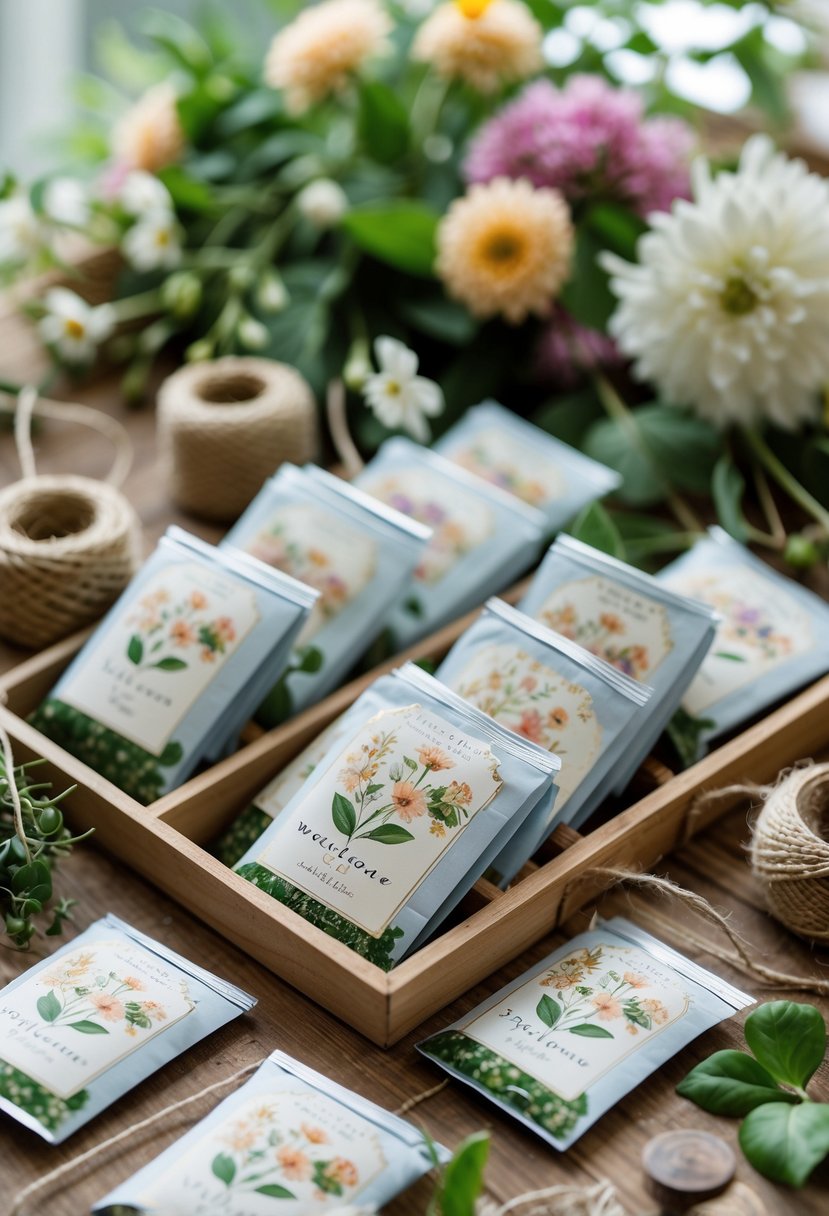 A collection of colorful seed packets arranged on a wooden table with flowers and gardening tools.