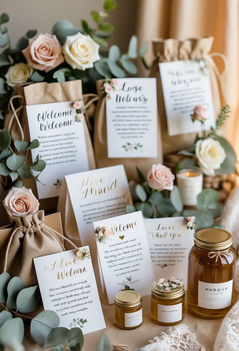 A wedding welcome bag display with handwritten love notes, flowers, and small wedding favors arranged on a table.
