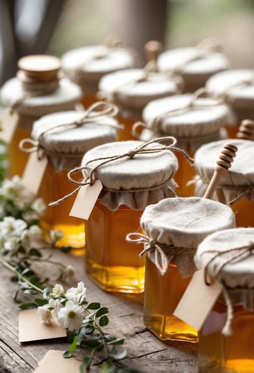 Several jars of honey with wooden dippers arranged on a wooden surface, surrounded by small flowers and greenery.