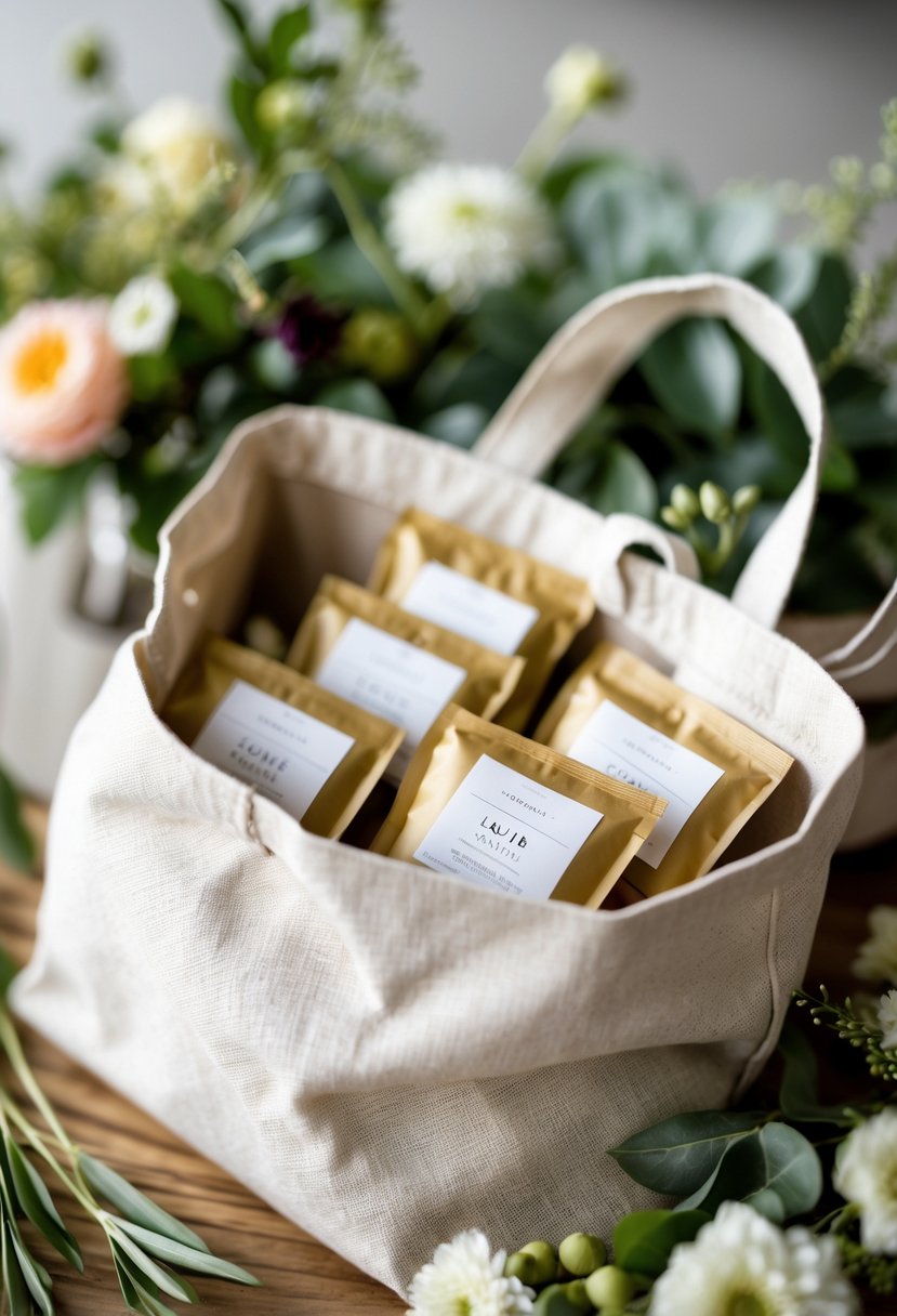 Individual packets of gourmet coffee arranged inside a wedding welcome bag on a wooden surface with flowers nearby.