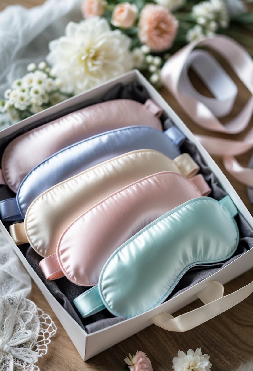 Silk eye masks arranged inside a wedding welcome bag with flowers on a wooden table.