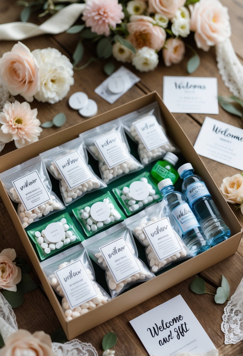 A collection of hangover survival kits with mints and pain relievers arranged on a wooden table with wedding decorations.