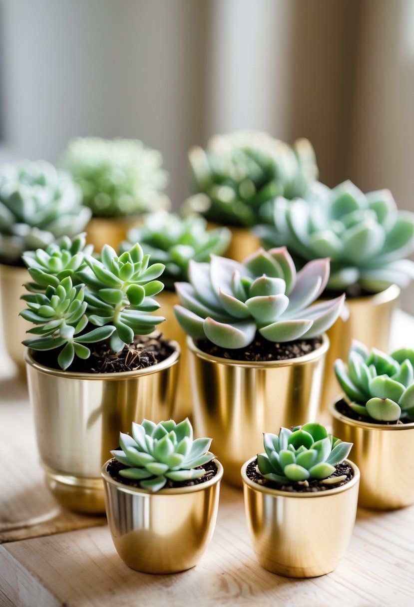 Miniature succulents in gold pots arranged on a wooden surface.